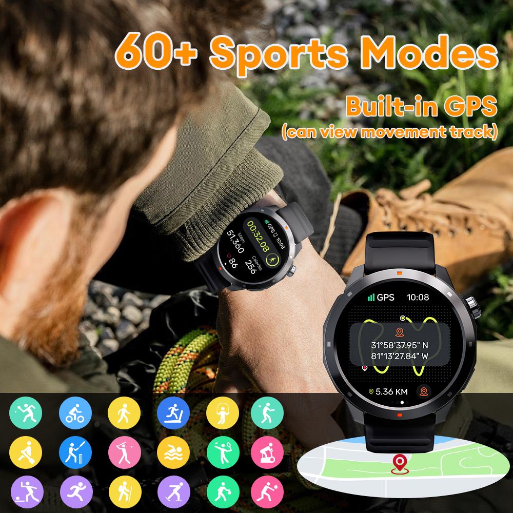 【BUILT-IN GPS】Aolon Navi R3 Ultra Men’s Smart Watch for outdoor use, with 1.43" AMOLED display, stainless steel bezel, Bluetooth calling, 60 sports modes, Motion L4 algorithm, 24/7 health tracking, IP68 waterproof, Android & iOS compatible.