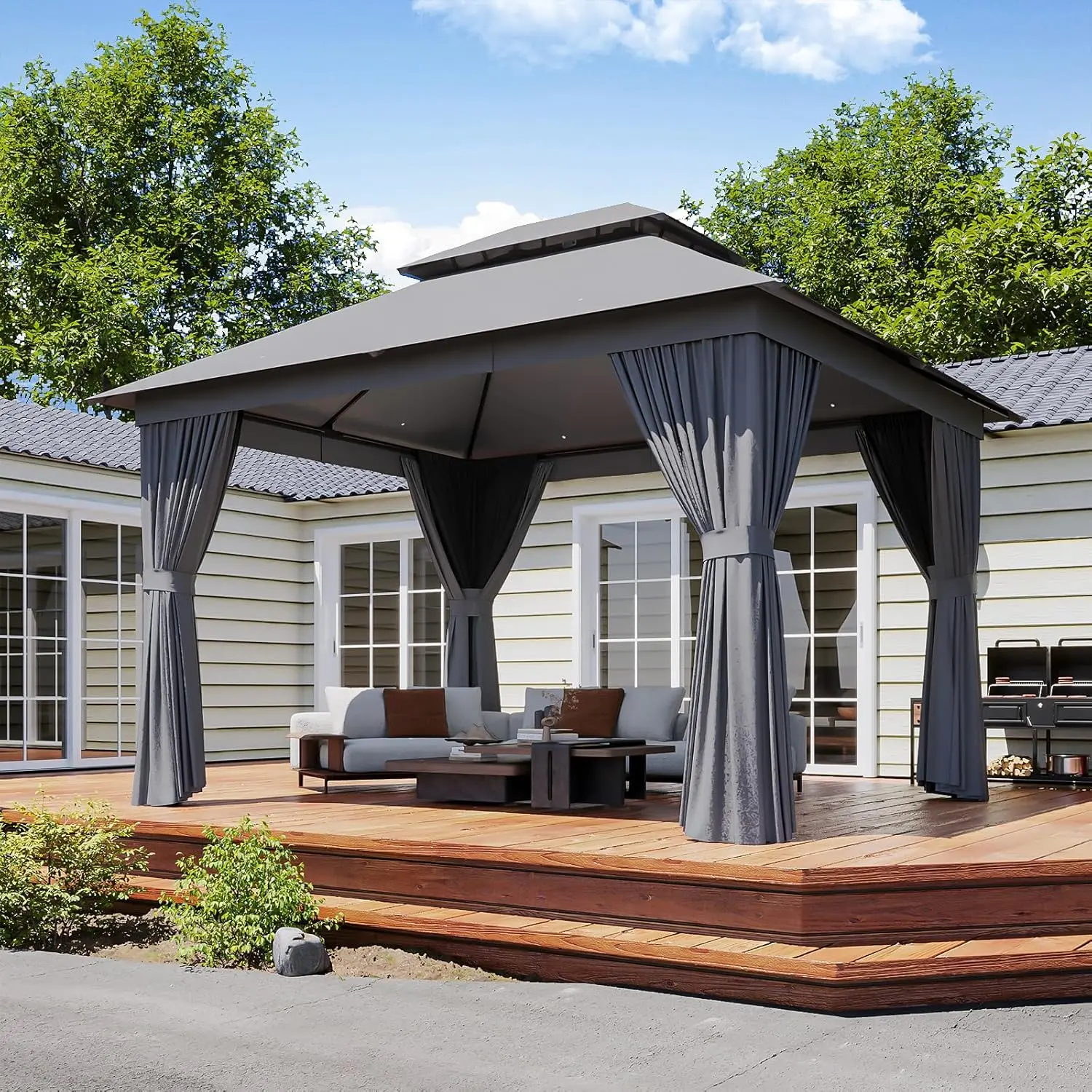 Jolydale 12'x10' Gazebo, Outdoor Gazebo Metal Frame Canopy with Double Roofs, Heavy Duty Patio Tent Shelter with Mosquito Netting and Privacy Screen for Backyard