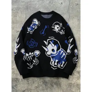 Men's Street Style Dinosaur Print Long Sleeve Round Neck Sweater, Casual Loose Fit Pullover for Spring & Fall Daily Wear