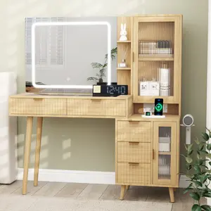 49" Wood Vanity Desk with Mirror and Lights, Boho Fluted Makeup Vanity Table with Modern Glass Top, Charging Station, 5 Drawers, 2 Cabinet with Adjustable Shelves, Salon Station, Natural Oak