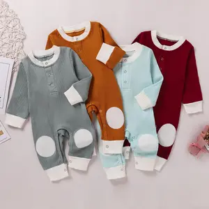 Infant Boys Girls Clothes Set Newborn Baby Romper Ribbed Long Sleeve Button Solid Bodysuit Jumpsuit Set 0-18M