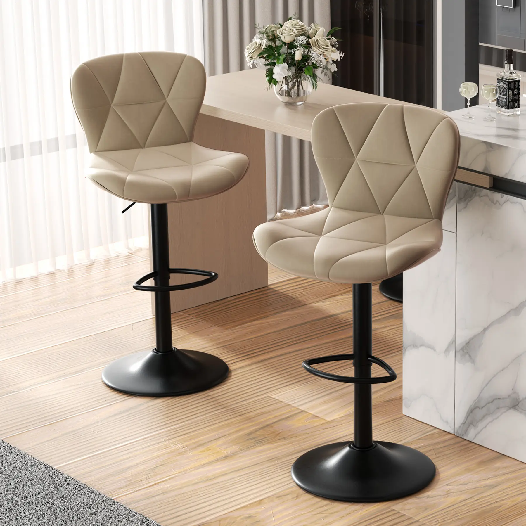 Modern Bar Stools, Adjustable Faux Leather Upholstered Swivel Bar Stools, Counter Height Bar Chairs with Back for Kitchen Island, Black