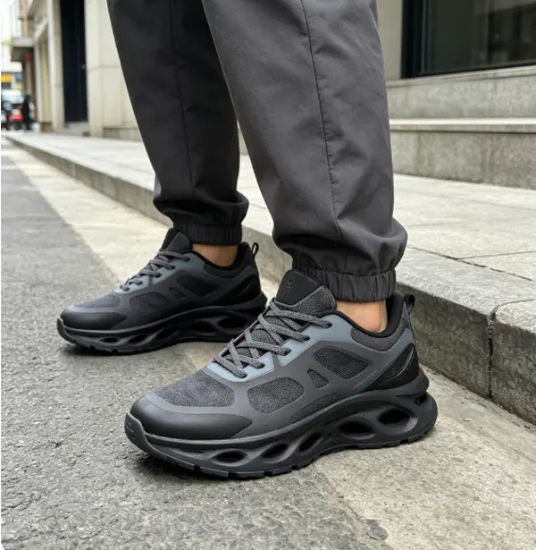 Dark gray breathable mesh running sneakers hollow shock absorbing thick platform sole non slip wear resistant rubber outsole lightweight lace trainers for jogging gym hiking unisex all season daily street sport shoes
