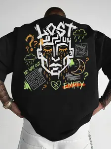 Men's Casual Pullover Short-Sleeve Top, "Lost in the Void" Short-Sleeve Tee, American Vintage Street Style Graffiti Tearful Face Print Loose Fit Streetwear Top, Unisex, Casual Crew Neck Short-Sleeve Shirt