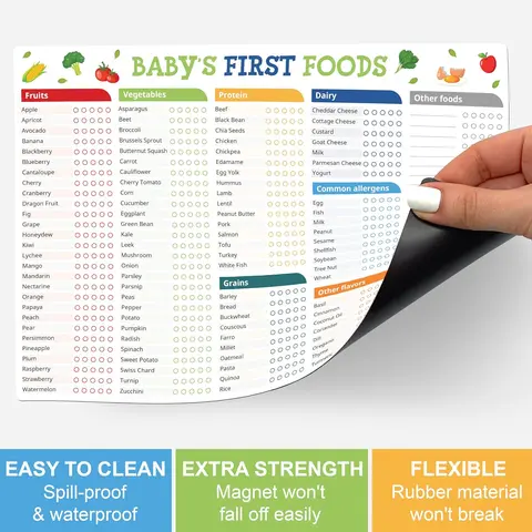 101 Foods Checklist Fridge Magnet Set - Baby Feeding Tracker, Nutrition Poster, Decor Kitchen Magnetic Door Accessory with 3 Markers + Eraser
