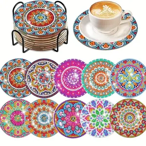 10pcs/set DIY Diamond Painting Cup Mats, Mandala Pattern, Ab Bright Diamonds, Desktop Decor, Includes Iron Cup Holder