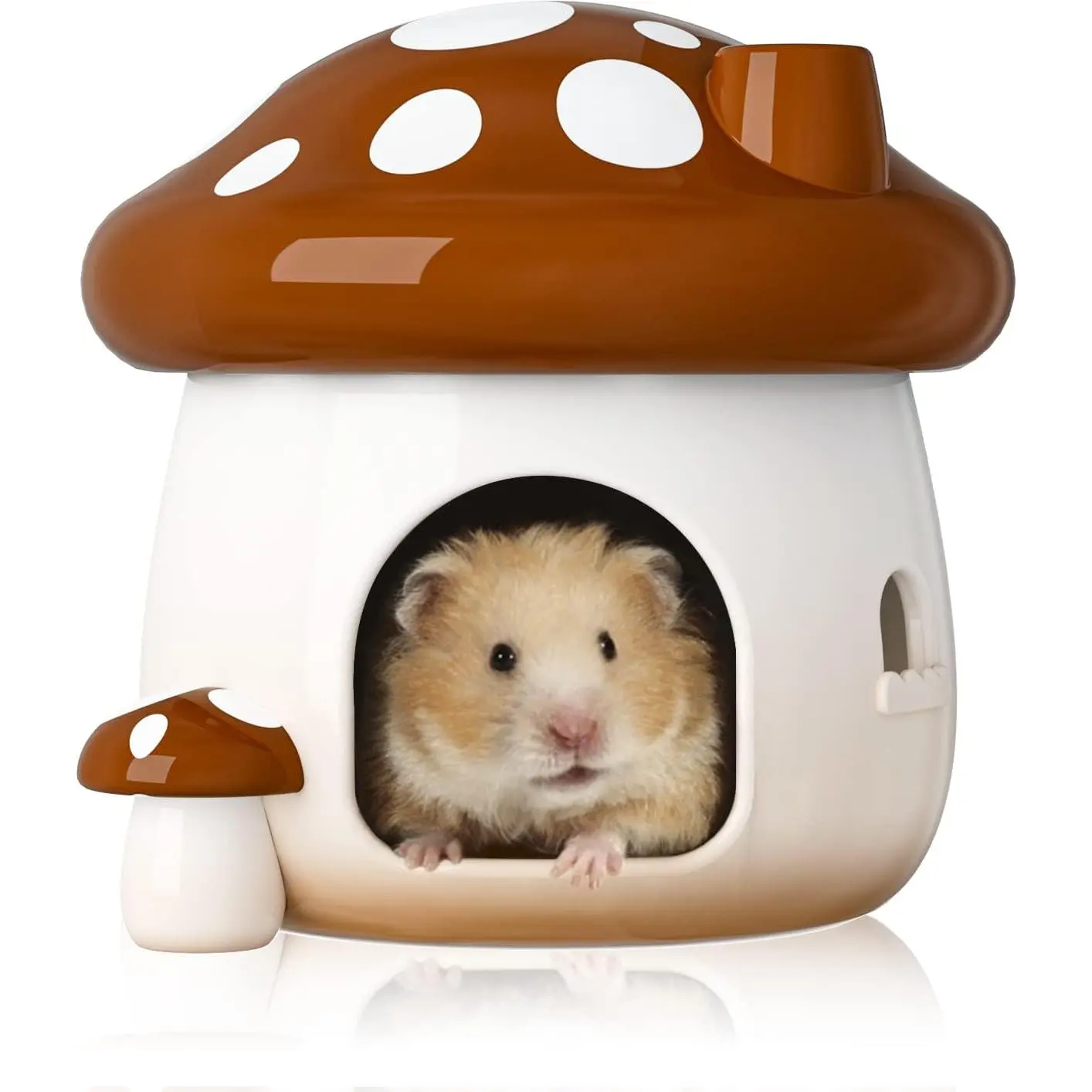Hamster Hideout Ceramic, Mushroom Shape Hamster House and Habitats Cool Bed Ideal for All Season Dwarf Hamster Gerbil Mice Golden Bear (Brown-Large)