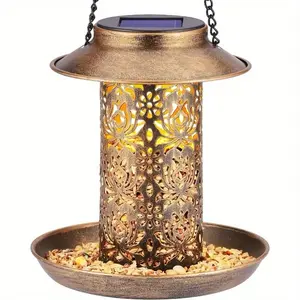 Solar Powered Outdoor Bird Feeder LED Garden Lantern, Metal Material, S Hook Solar Panel Roof Design, Easy Clean, Ideal Gift, Hanging Bird Feeder