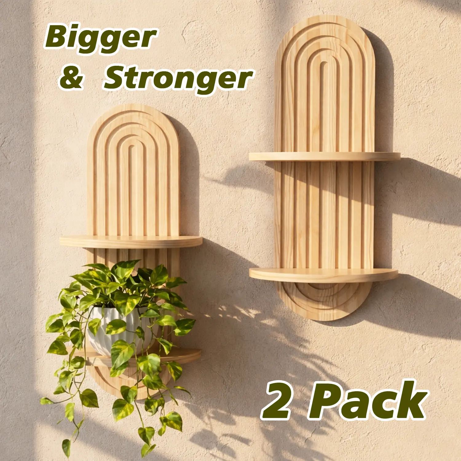 2-Pack Boho Floating Plant Wall Shelves - Wooden Arch-Design Decorative Shelves with Handmade Iron Witch Bell, Nature-Inspired Vintage Home Decor for Living Room, Easy Installation for Indoor Storage Needs, Set