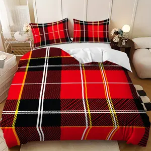 Bedding 3-piece set - 3PCS, red, black, yellow and white checkered design down comforter set (1 comforter cover + 2 pillowcases, filling not included). A gift for family, soft and comfortable, suitable for family bedrooms.
