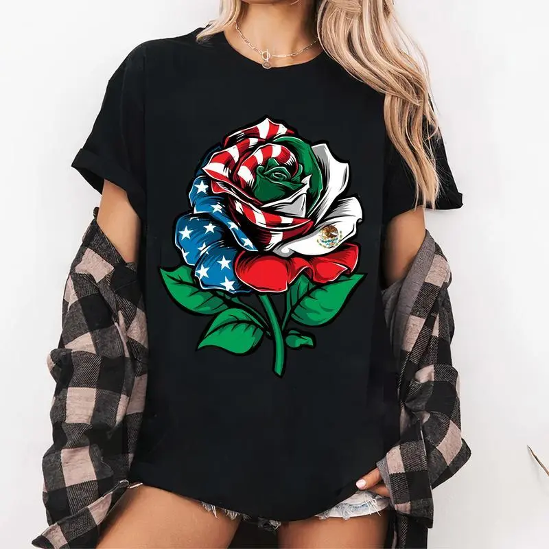 Women's Short-Sleeve Print T-Shirt - Rose Mexico-USA Flag Design, Spandex-Blend, Mexican American Theme, Mexico Independence Apparel