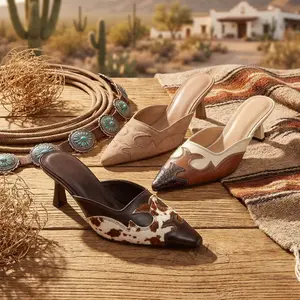 Women's Western Mules Pointed Toe Kitten Heels - Cow Print, Nude Suede & Vintage Snake Sandals with Free Cushion Pads