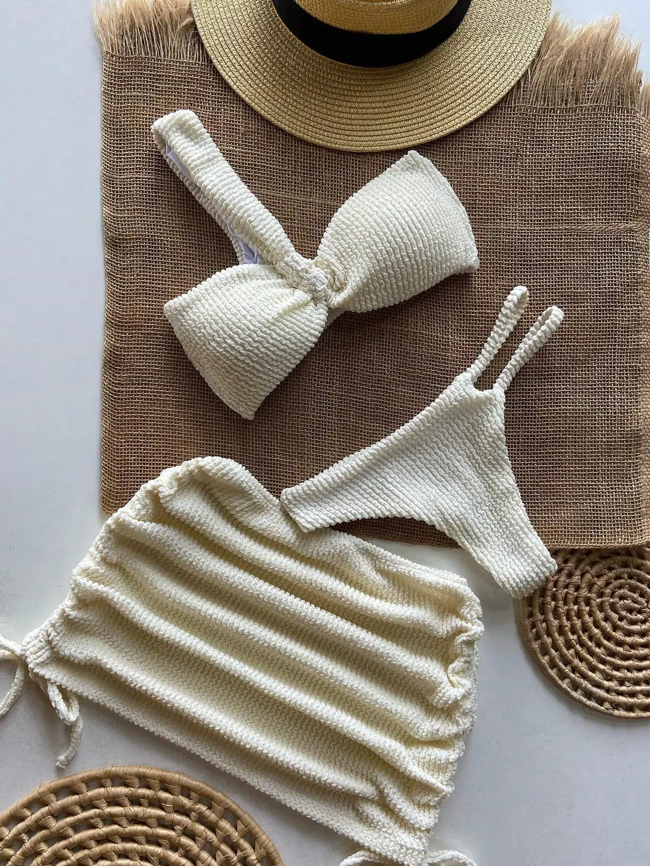 Women's 3-Piece Crinkle Textured Bikini Set - 1-Shoulder Twist Top, Double-Strap Bottom, Ruched Cover-Up Skirt brazilian swimsuits women plus size swim shapewear