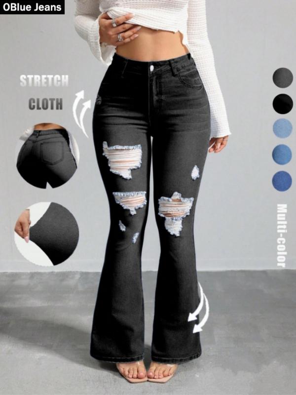 OBlue Jeans Women's Flare Leg Jeans, Casual Comfy High Waist Bell Bottom Trousers for Daily Wear, Ladies Bottoms for All Seasons, Pants