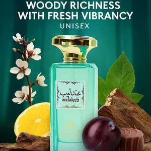ANDALEEB Eau De Parfum Unisex Amber Woody Perfume with Saffron, Bergamot, Plum, Praline, Patchouli & Oud 100ml Spray, 20% Oil, 8 Hour Wear Bold, Balanced, Year-Round Scent for Men & Women Ideal for Day, Night & All Occasions Made in UAE (MDO015)