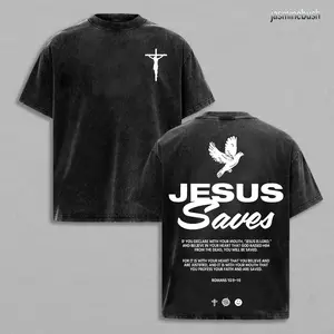 Jesus Saves - Double Sided, Worn-out Vintage Washed Cotton Printed T-Shirt, Round Neck Short Sleeves. Fashionably Loose And Comfortable, Suitable For Travel And Vasual Wear. Great Choice For Holiday Gifts!