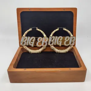 Custom Name Bamboo Hoop Earrings – Personalized Gold Earrings with Custom Text & Background | Statement Jewelry for Women, Gifts, Fashion Accessories