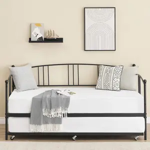 【Christmas Gift】Twin Metal Daybed with Trundle, Twin Size Daybed Frame with Pullout Trundle 6 Casters, Steel Slat Support Guest Sofa Bed for Living Room, Bedroom, Apartment, No Box Spring Needed (Black) Headboard Bedframe