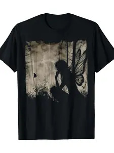 Front Magic Forest Fairy Pattern Printed Round Neck Short Sleeve T-shirt Top Comfortable Breathable Fabric Casual Sports Style Men's Cotton Streetwear T-shirt Birthday Gift, Holiday Gift