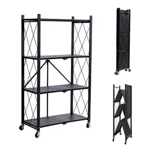 Virplik Modern Four-Layer Foldable Metal Shelf with Locking Wheels Easy Assembly Space-Saving Organizer for Kitchen Pantry Closet 28.54" L x 14.17" W x 46.06" H carbon steel Heavy Duty Four-Shelf Storage Rack Adjustable Garage Shelving Unit workshop organ