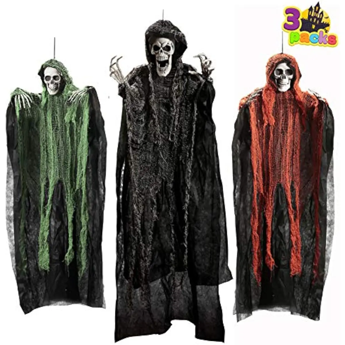 Halloween Hanging Grim Reapers (3 Packs), One 47 and Two 35 Grim Reapers, Halloween Skeleton Flying Ghost for Haunted House Prop Décor, Outdoor Indoor Decor