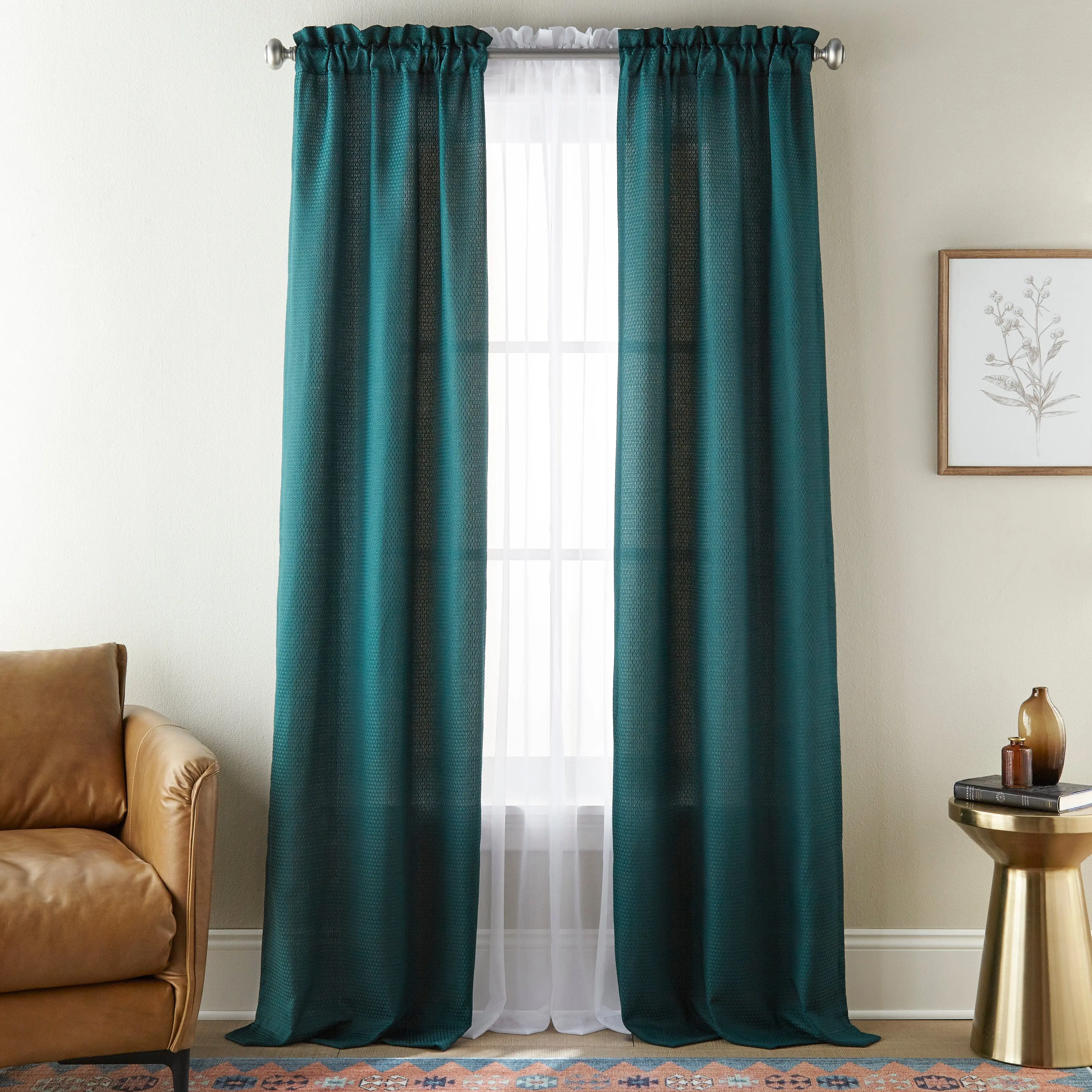 Lada Light Filtering Rod Pocket Curtain Panel Set, 27.5 x 84, Emerald Dark Green