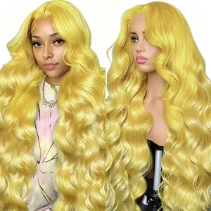 MIRELLE 13x6 Synthetic Yellow Lace Front Wigs for Women HD Transparent Body Wave Lace Frontal Wig Pre-Plucked with Baby Hair Heat Resistant Fiber 30 Inches 220 Density # Yellow