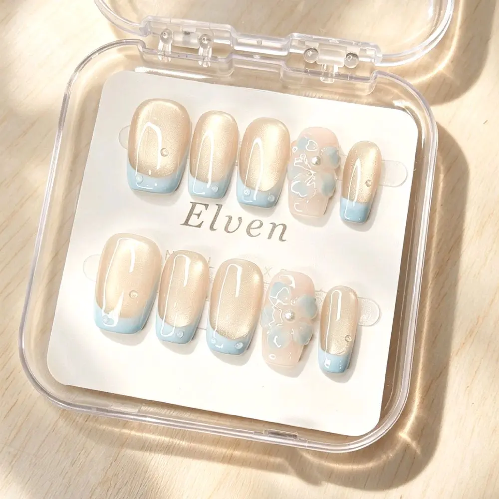 Handmade Champagne Gold Blue French Tip Press On Nails With 3D Floral & Tiny Pearl Accents, Short Square Reusable Fake Nails For Minimalist Elegant Wear