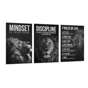 3 Count Wood Framed Canvas Modern Inspirational Lion Wall Art, 7 Rules of Life & Mindset Quotes Prints, Ready To Hang, Waterproof Canvas, Motivational Wall Decor for Home Office & Personal Growth Spaces, Wooden Wall Art, Modern Home Decoration