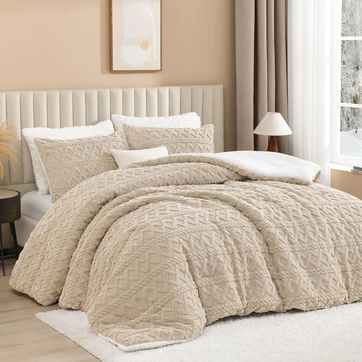 Fluffy Sherpa Queen Comforter Set, Super Soft Beige Fleece Warm Bedding for Winter, Luxury Jacquard Boho Thick Fuzzy Plush Bed Set 3 count(1 Shaggy Comforter, 2 Pillowcases)