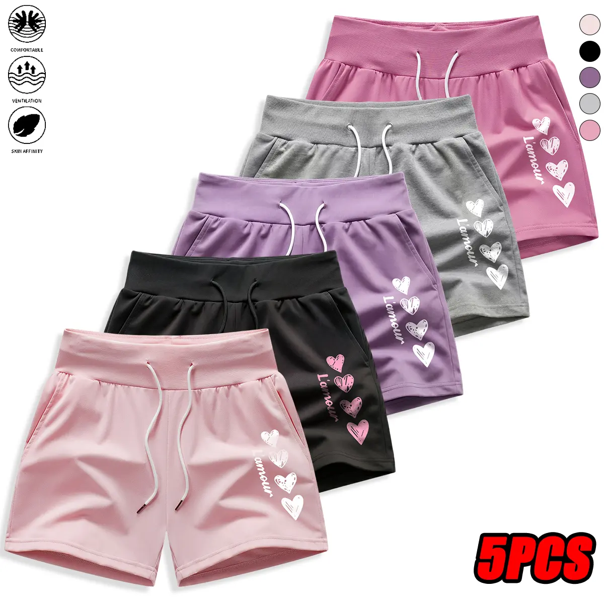Set of 5 women’s shorts featuring pockets and a drawstring design—simple and stylish. Suitable for fitness, gym, running, and yoga. Women’s shorts, summer womenswear. Summer vibe