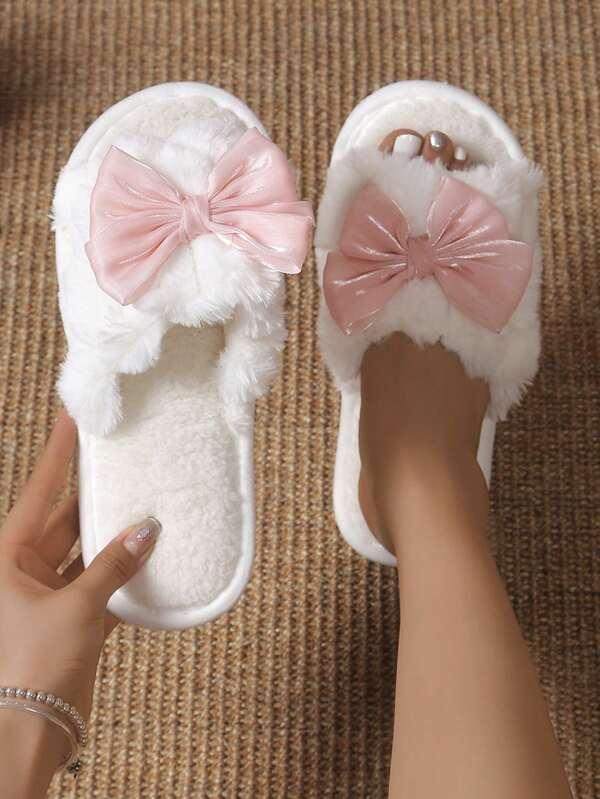 Bowknot Plush Warm Women's House Slippers, Comfortable Breathable Indoor Slippers For All Seasons