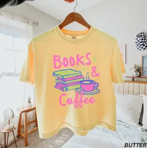 Books and Coffee Boxy Tee, Women's Comfort Colors Boxy T Shirt, Book Lovers Cropped Tee, Funny Readers Clothes, Booktok Merch, Bookish Things, Summer Beach Aesthetic Y2k Preppy Coquette Top Gift for Girl Women