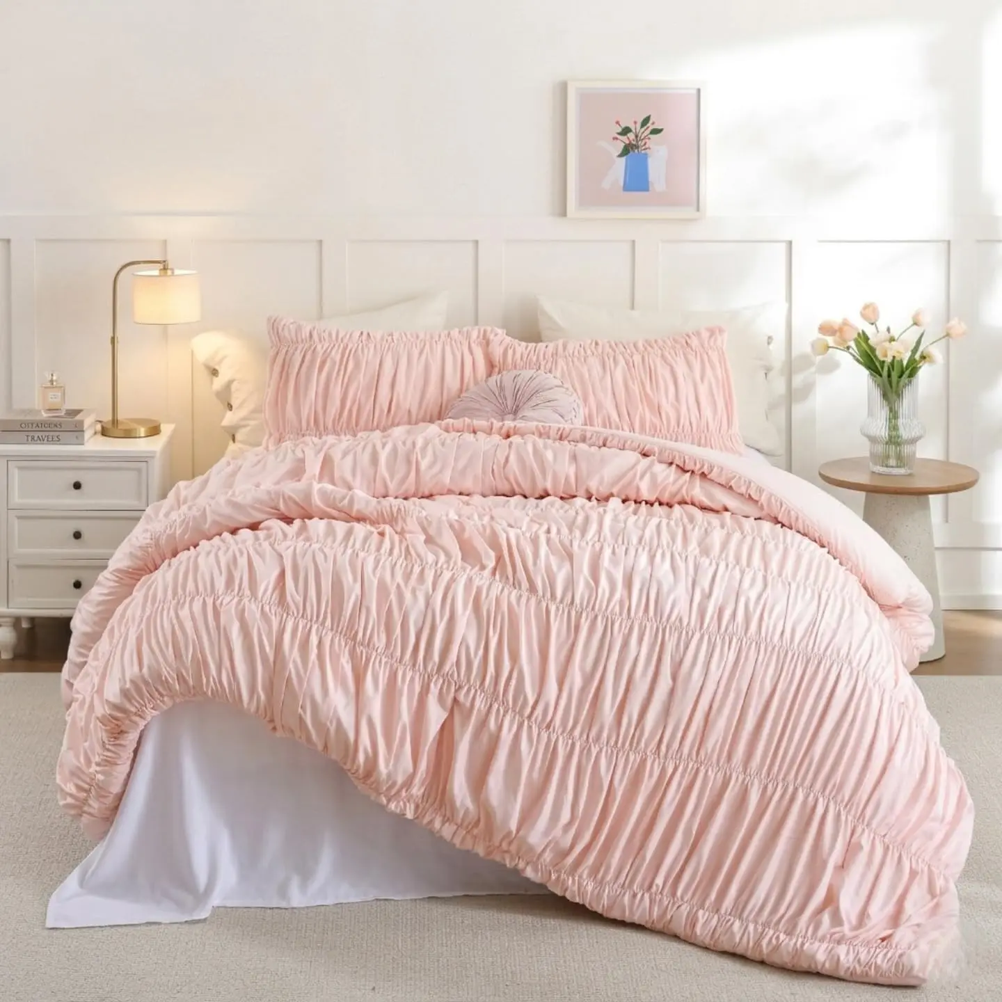 Cinched Comforter Set Queen - 3PCS Soft Cozy Blush Pink Queen Bedding Set with Decorative Ruched Design, Fluffy Lightweight All Season Cute Comforter for Elegant Home & Bedroom Decor