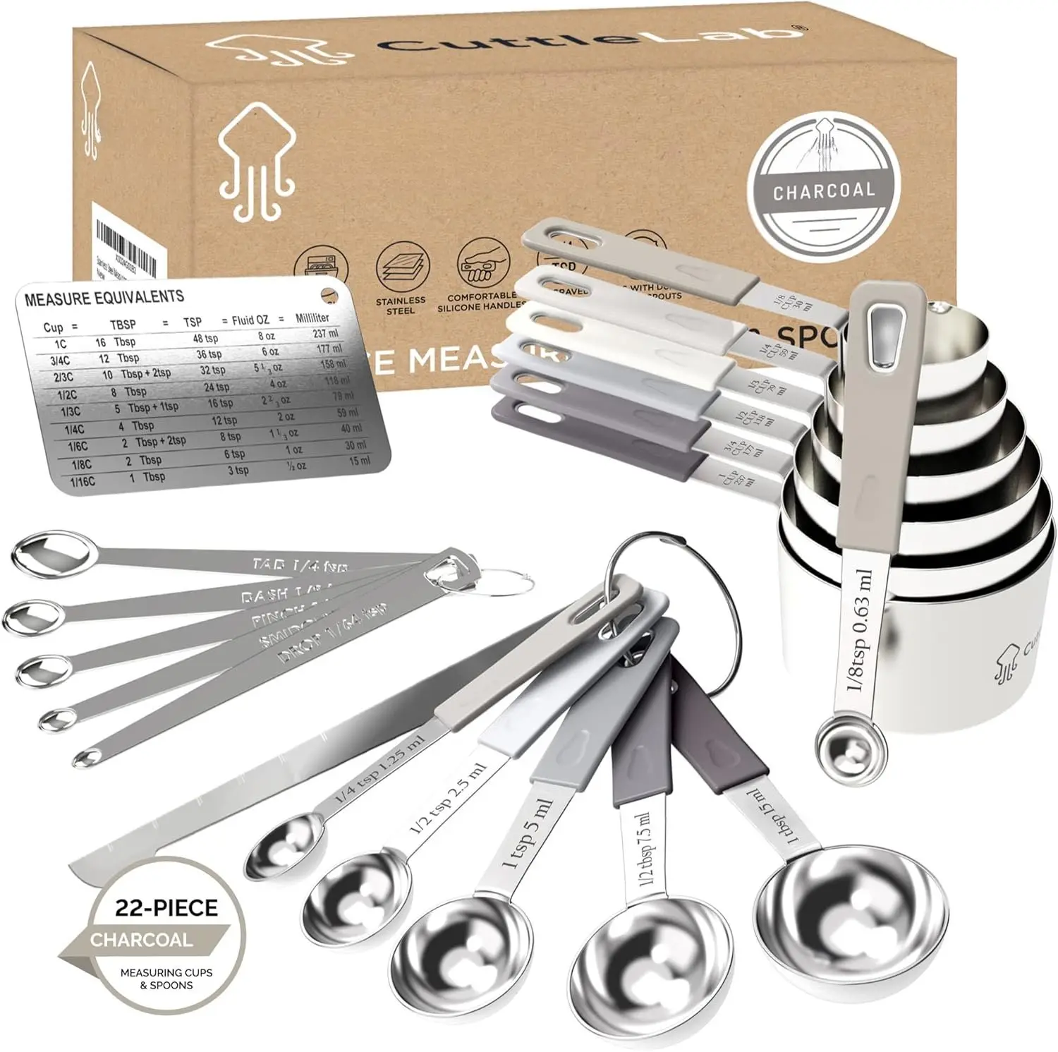22- Stainless Steel Measuring Cups and Spoons Set, Tad Dash Pinch Smidgen Drop Mini Measuring Spoons, Measuring Stick Leveler, Measurement Conversion Chart Fridge , (Charcoal)