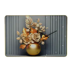 Rectangular Large Wall Clock Featuring  Gold and Cream Flowers and Dark Grey Background with Gold Frame