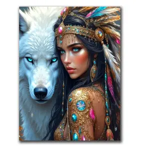 Native indian Diamond Art Kits for Adults,Wolf and Woman Diamond Painting kits,Diamond Dots for Beginner,Gem Art and Crafts,Diamond Mosaic Kits,Home wall Decor,15.7x19.7inch