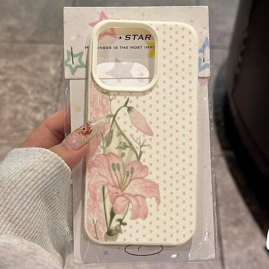 Blush Pink Floral Lily Polka Dot Fabric Texture Phone Case by Mood In Case