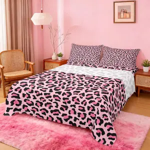Pink Leopard Print Bed Sheet Set,Wild Animal Skin Luxury Sheet Set,Kids Teens,African Cheetah Wildlife Fur Bedding Decor Set with 1 Flat & 1 Fitted Sheet