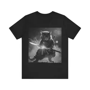 Women's samurai cat, pet lovers, anime fans, gift for birthdays Graphic T-Shirt - Short Sleeve Crew Neck Regular Fit Casual Wear | Soft & Breathable Fabric, Durable Print, Everyday Comfort, Machine Washable, anime-inspired, fantasy, monochrome a cat