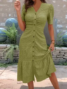 Elegant Women's Solid Color V-Neck Waist Cinching Dress, Long Sleeve, Everyday Casual Fashion, Perfect for Daily Wear