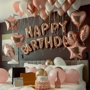 46pcs/set Rose Gold Birthday Party Decoration Balloons Set, Happy Birthday Banner, Heart Star Latex Balloons, Room Decor Props, Anniversary, Balloon Arch