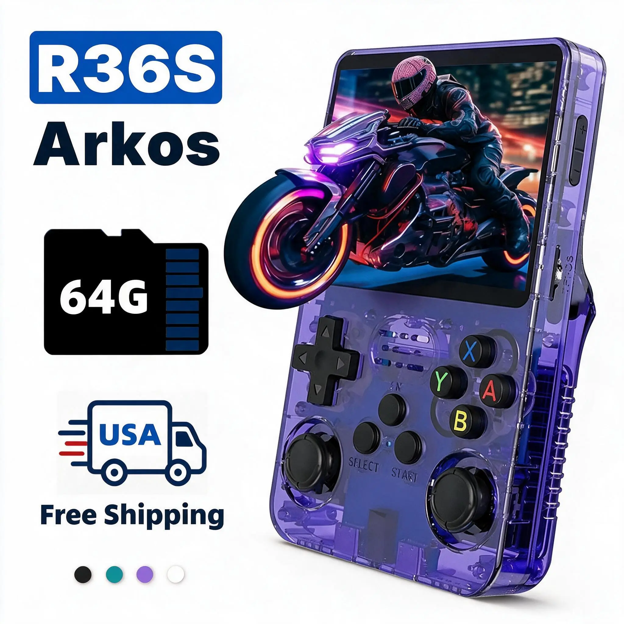 2026 New Upgraded R36S Retro Handheld Game Console, 3.5 Inch IPS Screen, ArkOS System, 64G Built-in Storage, 15000+ Classic Games, 3500 mAh Battery,Portable Pocket-Size Mini Arcade, Purple, Teenage Boy Gift Protection