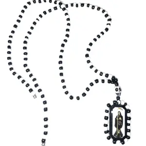 Santa Muerte 15 inches Necklace with 1.5 Inches Pendant Black and white Beads Unique Design Cuban Link Chain Gold Plated Amulet