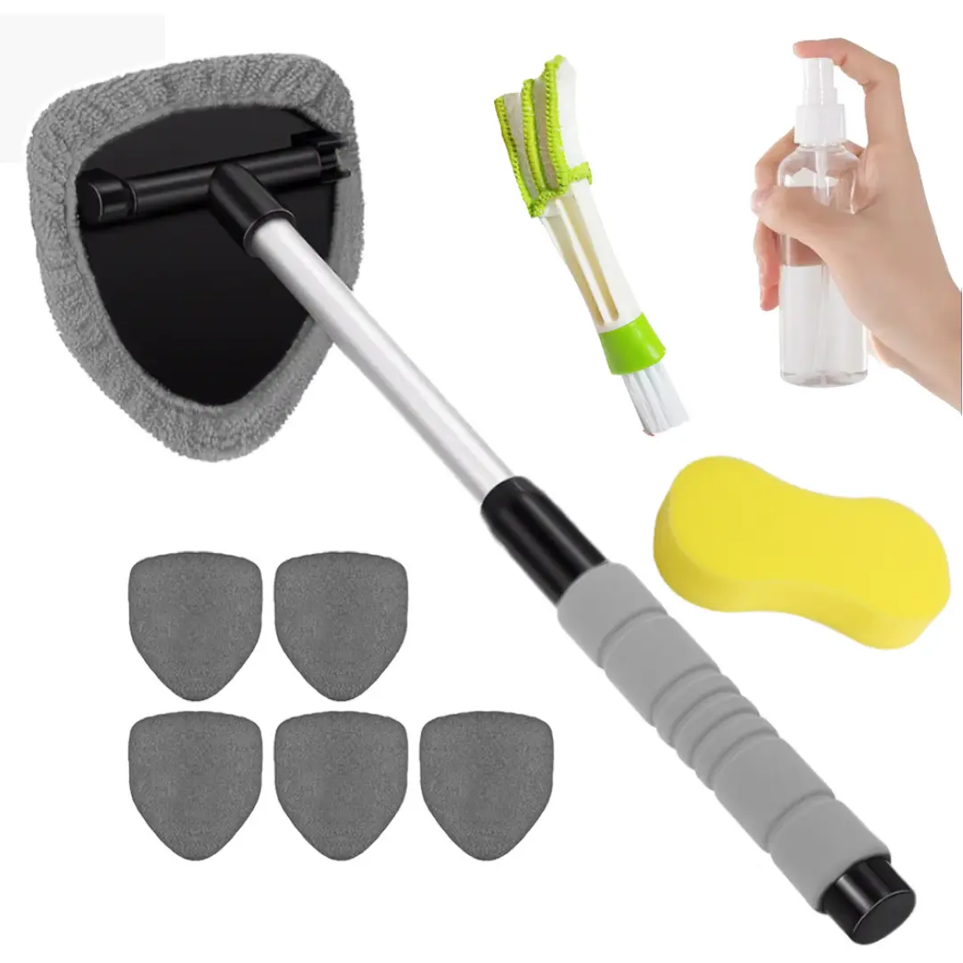 10 pcs car window cleaning tool set, retractable windshield cleaning rod with replacement cloth cover, gap brush, sponge and spray bottle, suitable for daily cleaning and maintenance of car interior glass