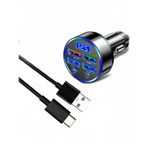 USB-C Car Charger | 4 USB+2 USB-C Ports | 2 PD+3 USB+QC3.0 Fast Charging | 3ft/6ft Cable | Cigarette Lighter Adapter | For Samsung S24-S21/Pixel/iPad Pro/iPhone 16-15 Series