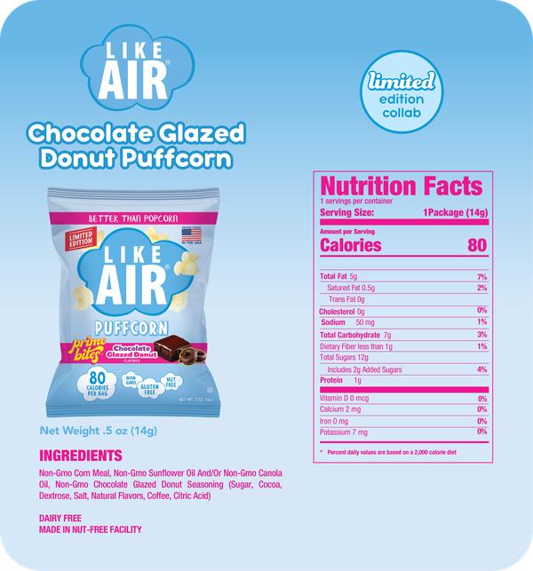 Like Air x Prime Bites Limited Edition Flavor Box -  Glazed Chocolate Donut Puffcorn & Protein Brownie Bundle