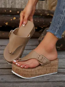 Women's Wedge Flip Flop Sandals, Cork Platform Heel, PU Leather, Boho Style, Comfortable Slip On, Summer Vacation, Casual Outings