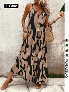 Women's leopard print slip dress with spaghetti strap, V-neck and bohemian style, suitable for vacations and everyday commuting, Summer