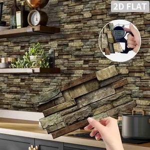 12/24/48PCS Irregular Vintage Brown Faux Culture Stone Long Strip Tile Stickers XY-HTP PVC Crystal Film Waterproof Oil-Proof Self-Adhesive Wall Decor for Kitchen Bathroom
